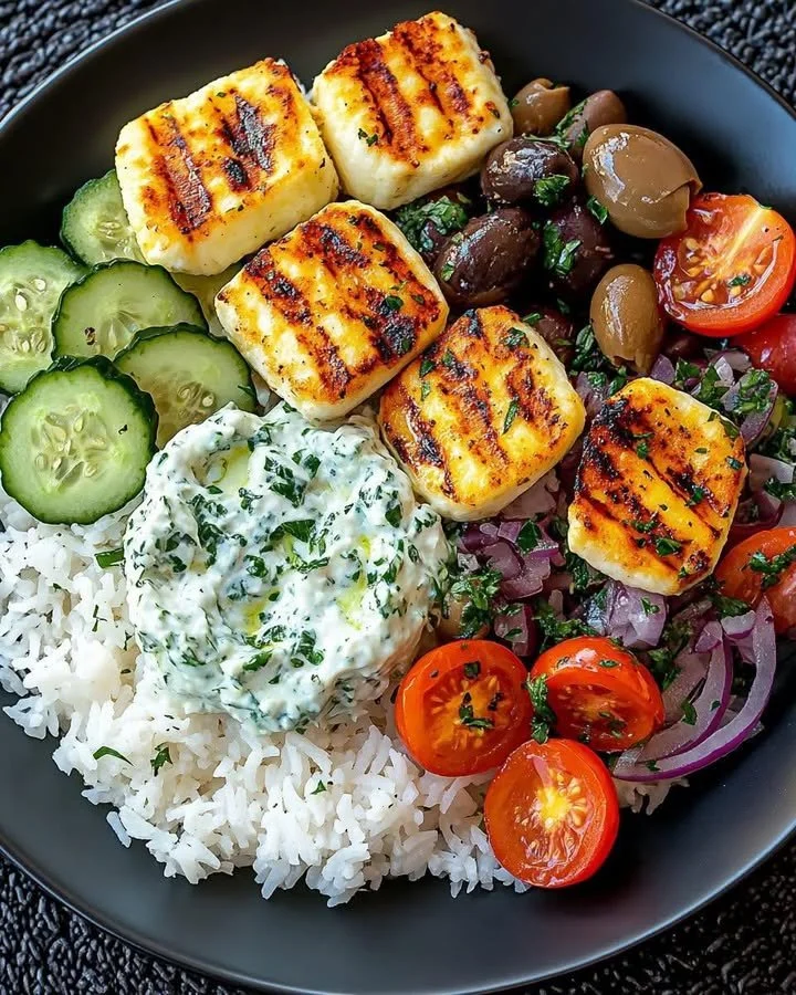Delicious grilled halloumi bowl with tzatziki, herbed rice, and Mediterranean salad