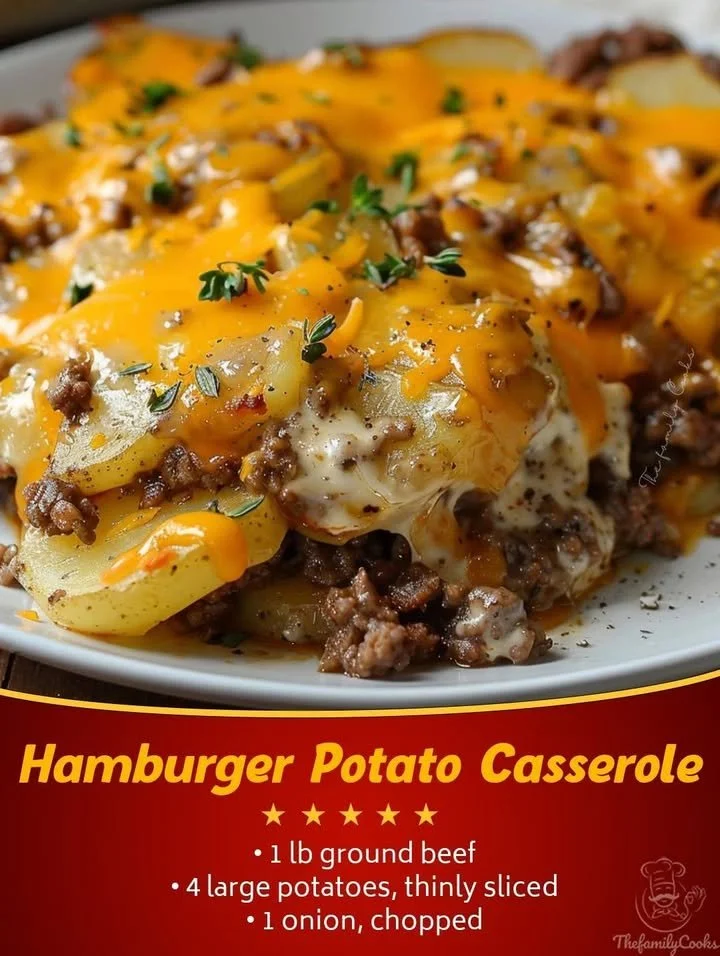 Delicious Hamburger Potato Casserole topped with cheese and herbs
