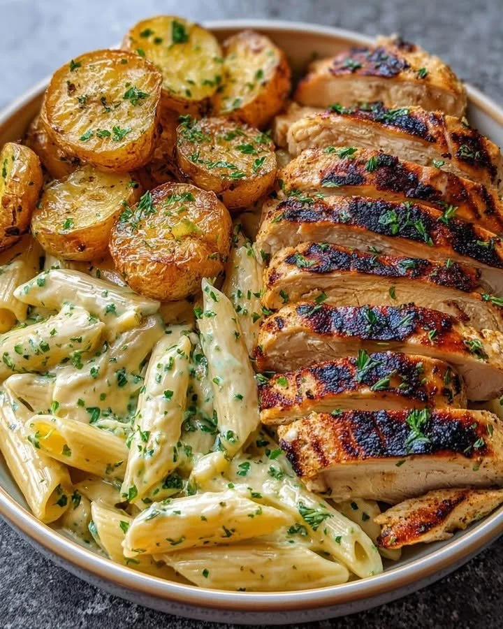Herby grilled chicken served with creamy pasta and crispy potatoes on a plate.