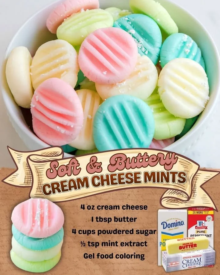 Delicious homemade cream cheese mints in decorative shapes.