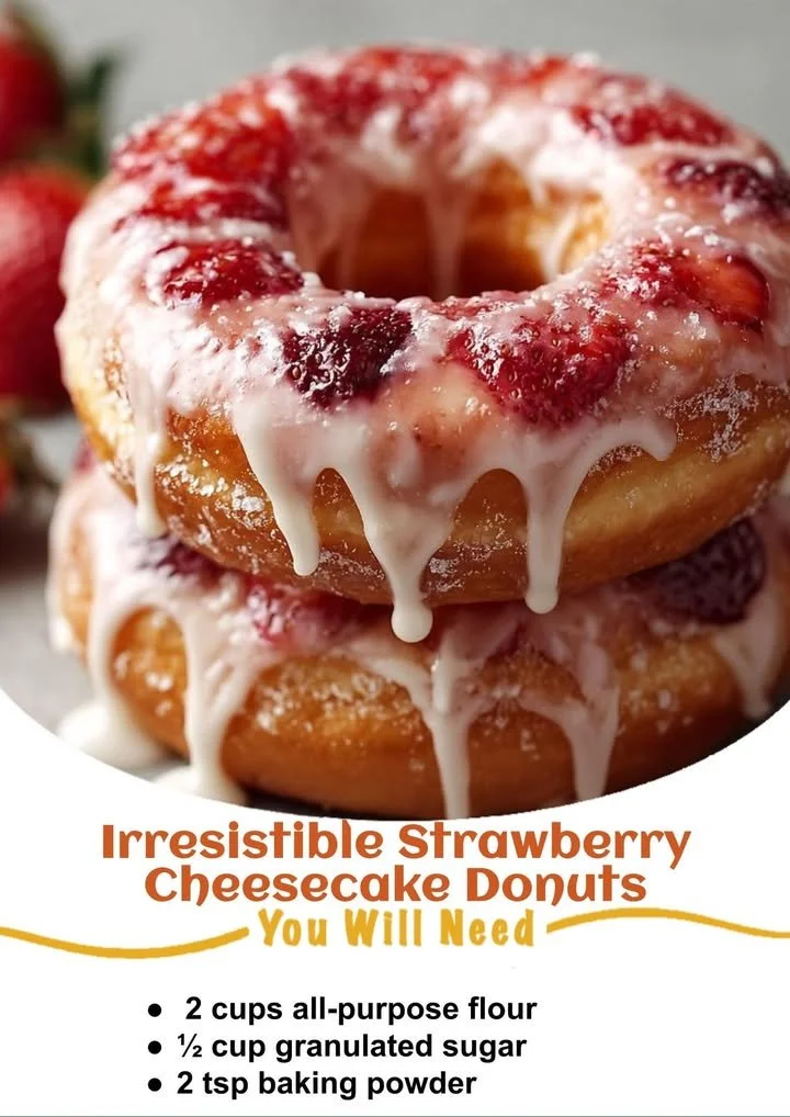 Delicious strawberry cheesecake donuts with fresh strawberry topping and creamy filling