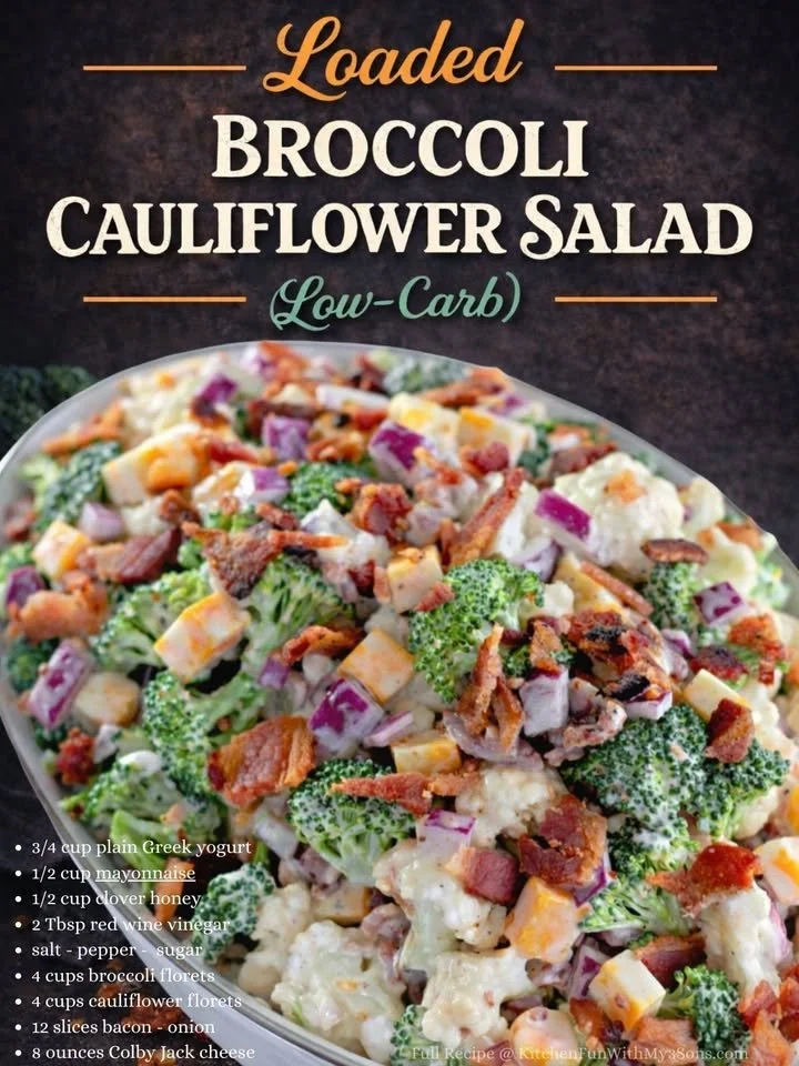 Loaded Broccoli Cauliflower Salad with colorful vegetables and dressing
