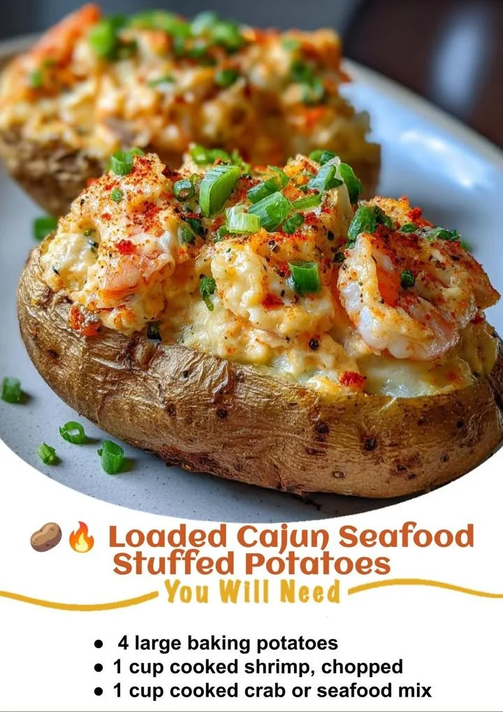 Loaded Cajun seafood stuffed potatoes topped with shrimp, crab, and spices.