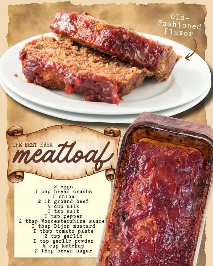 Delicious homemade meatloaf served with mashed potatoes and green beans.