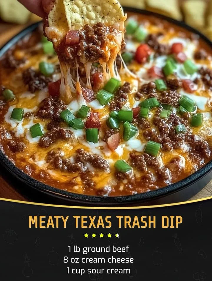 Meaty Texas Trash Dip served in a bowl with tortilla chips on the side
