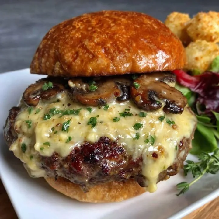 Mouthwatering Mushroom Swiss Burger with melted cheese and sautéed mushrooms