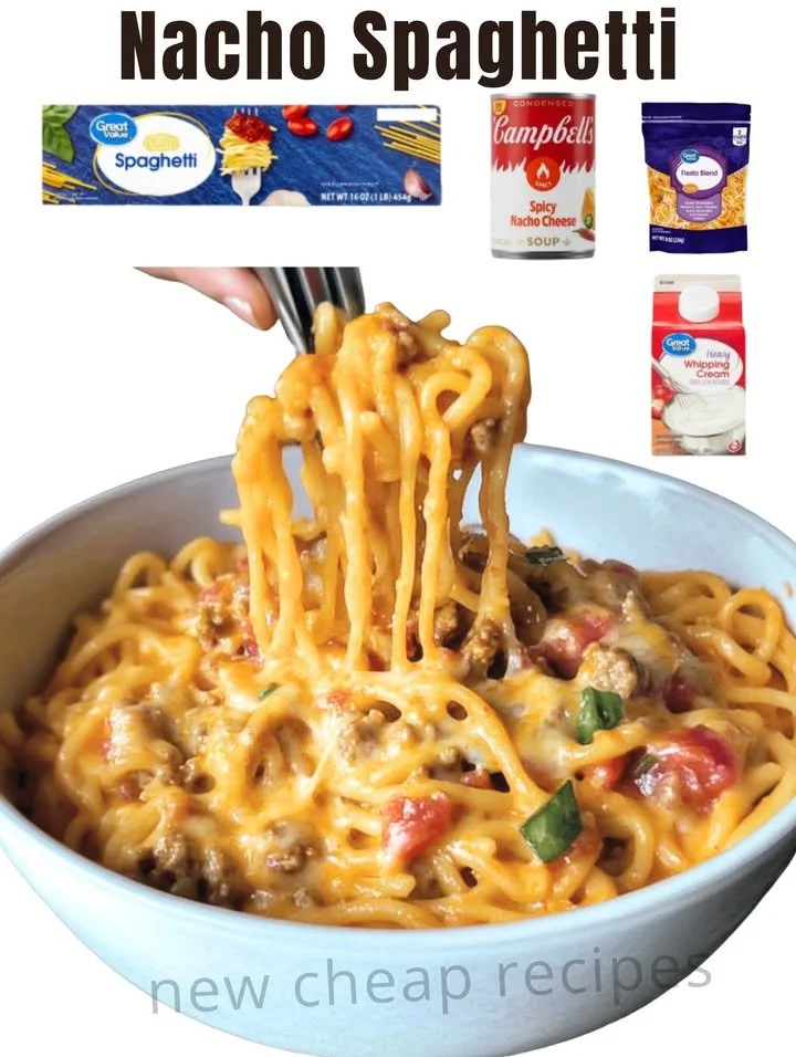 Delicious plate of Nacho Spaghetti topped with cheese and jalapenos