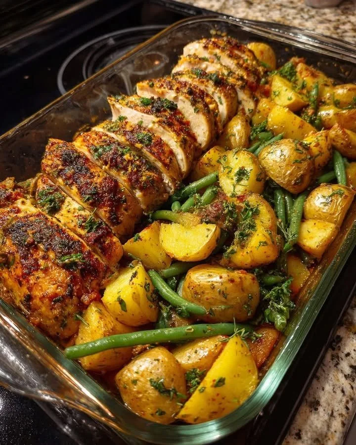 One-pan lemon chicken with roasted potatoes and vegetables on a platter.
