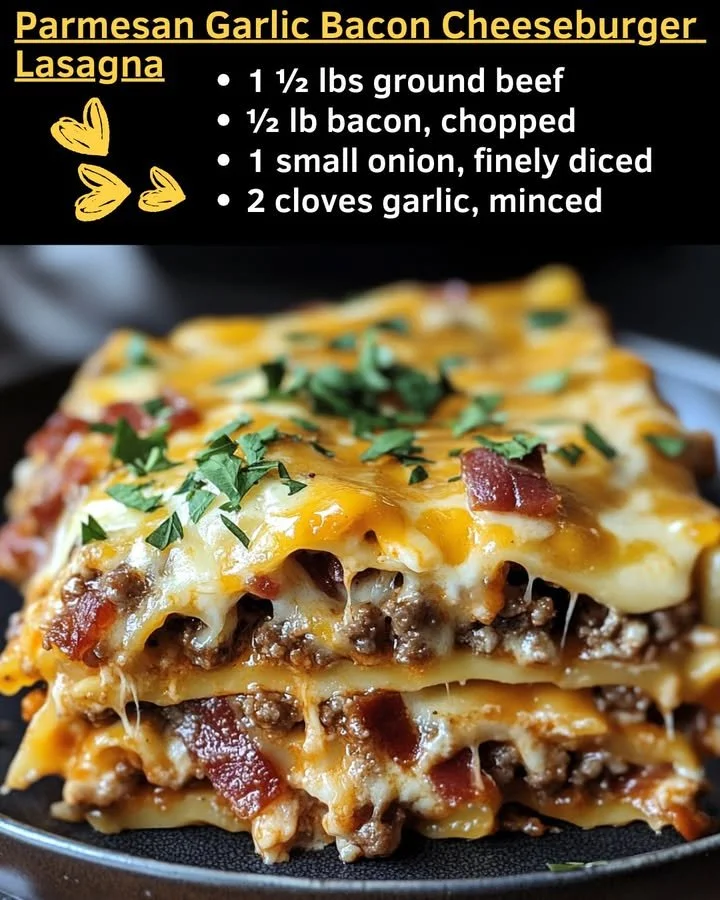 Delicious Parmesan Garlic Bacon Cheeseburger Lasagna ready to be served.