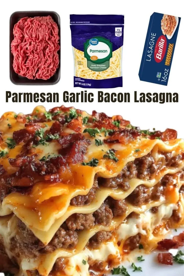 Parmesan Garlic Bacon Lasagna layered with cheese and savory toppings