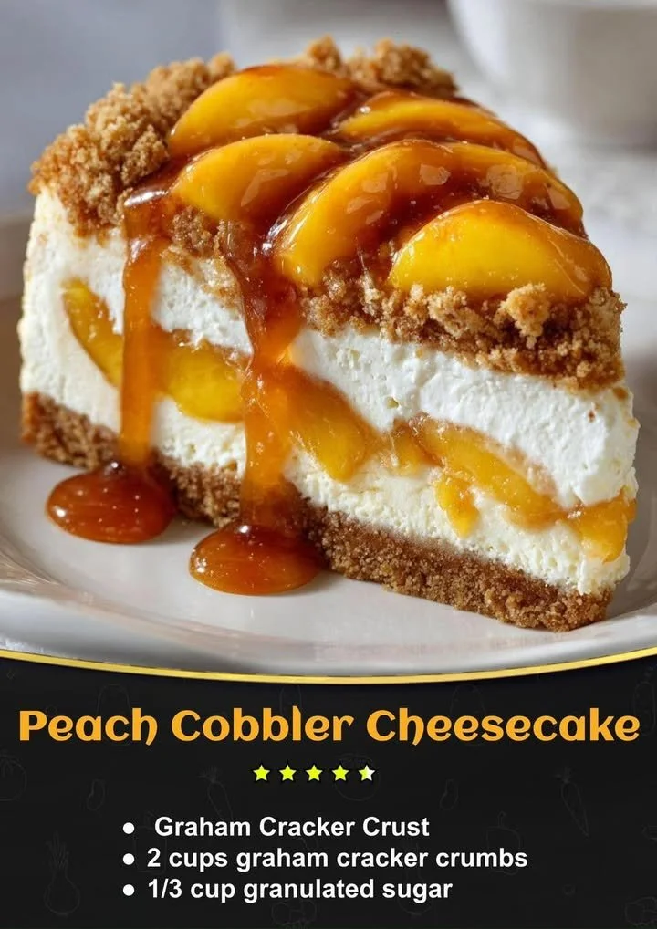 Delicious Peach Cobbler Cheesecake with a golden topping and fresh peaches