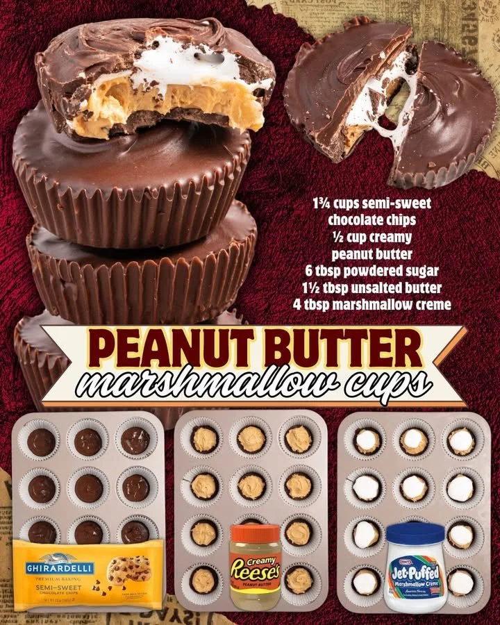 Delicious homemade Peanut Butter Marshmallow Cups on a wooden table