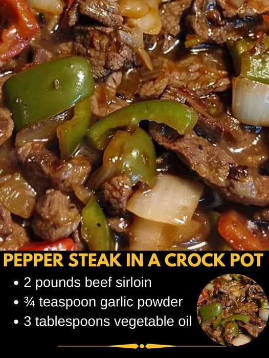 Crock pot pepper steak with colorful bell peppers and tender beef