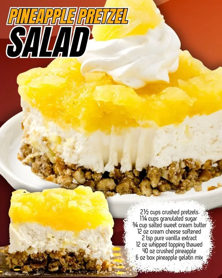 Delicious Pineapple Pretzel Salad served in a bowl with fresh pineapples and pretzels