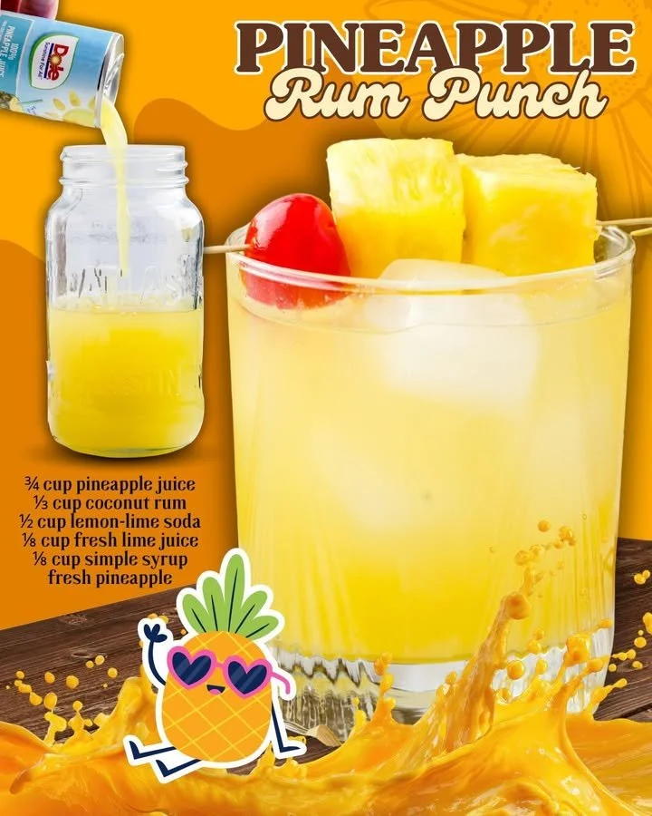 Colorful glass of Pineapple Rum Punch cocktail garnished with fruit