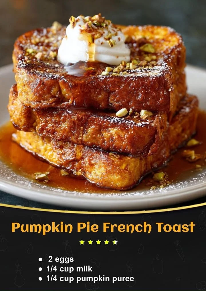 Slice of Pumpkin Pie French Toast topped with whipped cream and pumpkin spices.