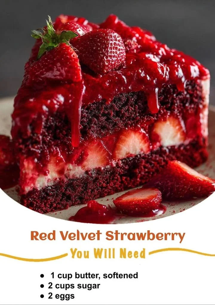 Slice of Red Velvet Strawberry Cake with fresh strawberries on top