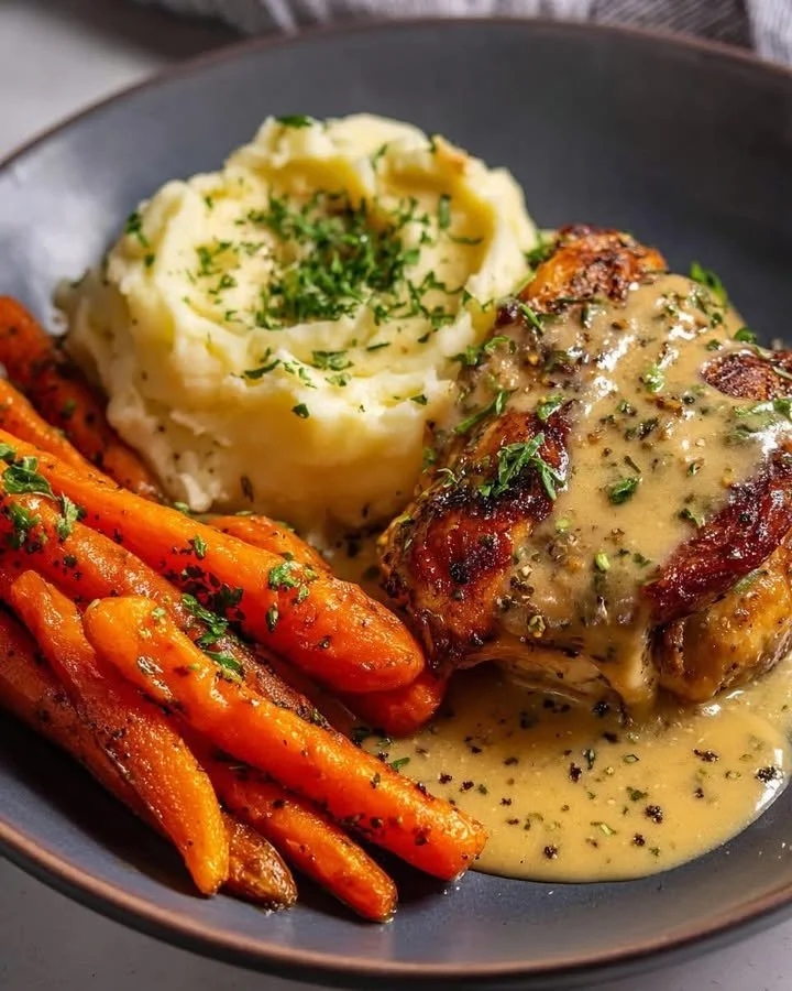 Plate of roasted herb chicken with buttery mashed potatoes and caramelized carrots