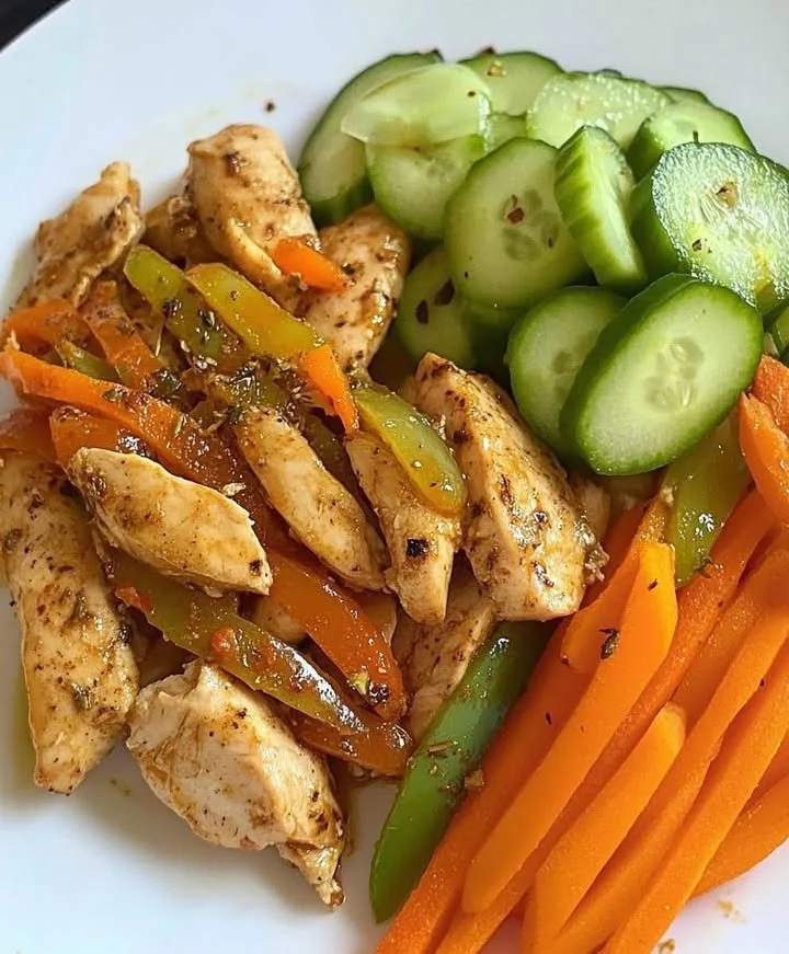 Sautéed chicken served with fresh veggie stick plate for a healthy meal option