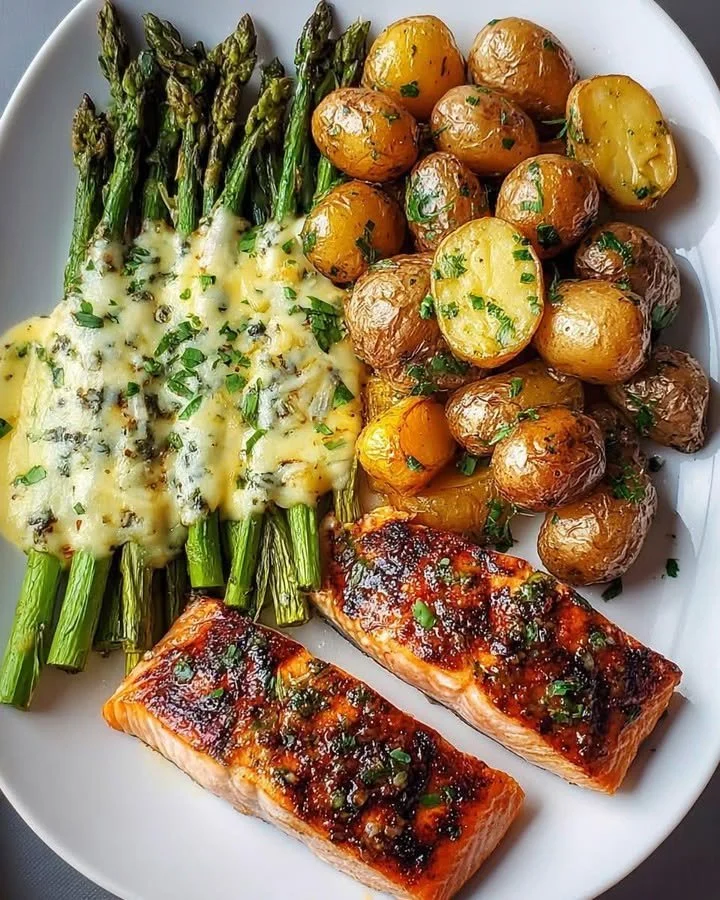 Plate of seared salmon with crispy potatoes and cheesy asparagus
