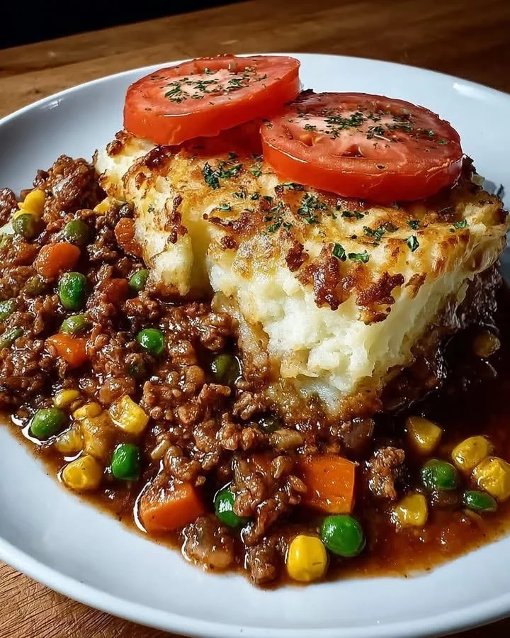 Delicious homemade Shepherd's Pie with layers of meat and mashed potatoes