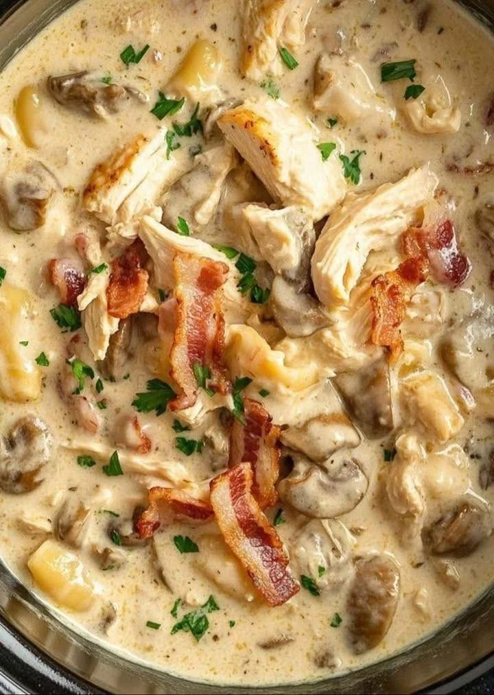 Slow cooked chicken stroganoff with bacon and mushrooms in creamy sauce