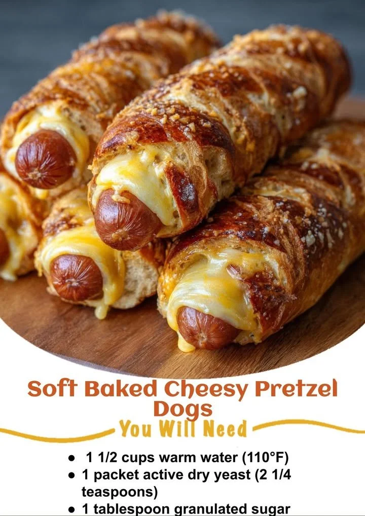 Soft baked cheesy pretzel dogs with melted cheese inside