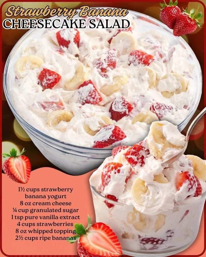 Strawberry banana cheesecake salad served in a white bowl with fresh fruits