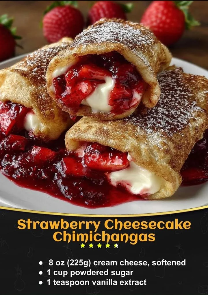Delicious strawberry cheesecake chimichangas served on a plate