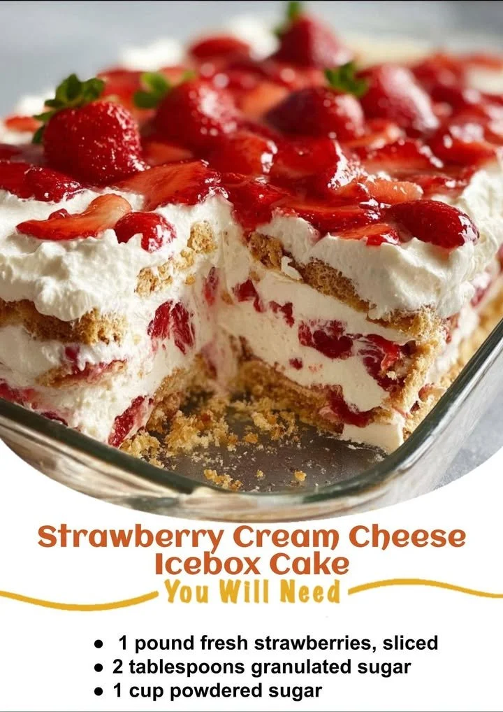 Delicious Strawberry Icebox Cake topped with fresh strawberries and cream cheese frosting.
