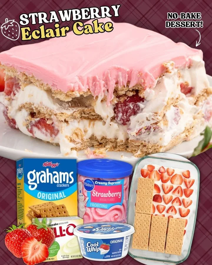 Delicious strawberry eclair cake topped with fresh strawberries and cream