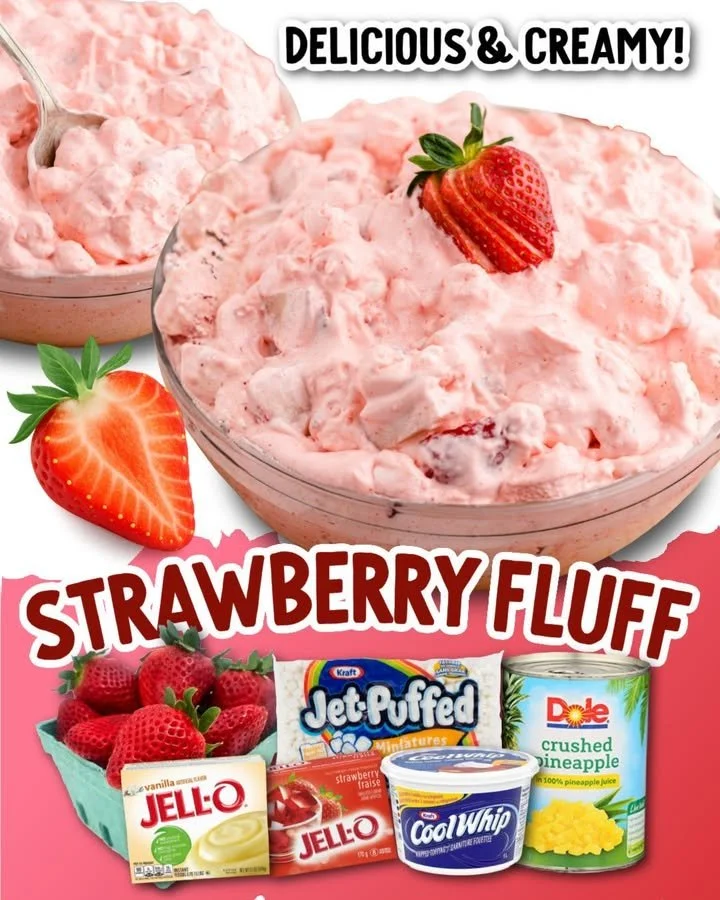 Delicious bowl of Strawberry Fluff dessert with fresh strawberries
