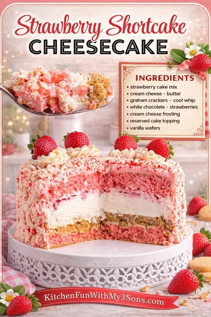Delicious Strawberry Shortcake Cake with fresh strawberries and whipped cream.