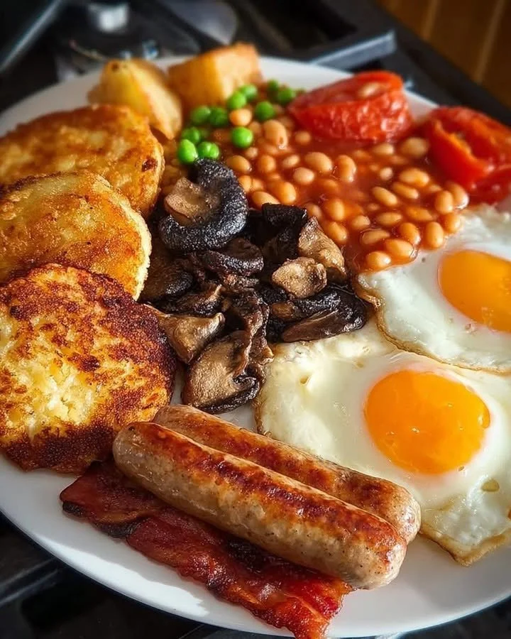 Delicious Sunday Fry Up featuring eggs, bacon, and sausages on a plate.