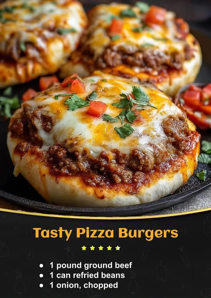 Delicious pizza burgers with melted cheese and toppings on a bun