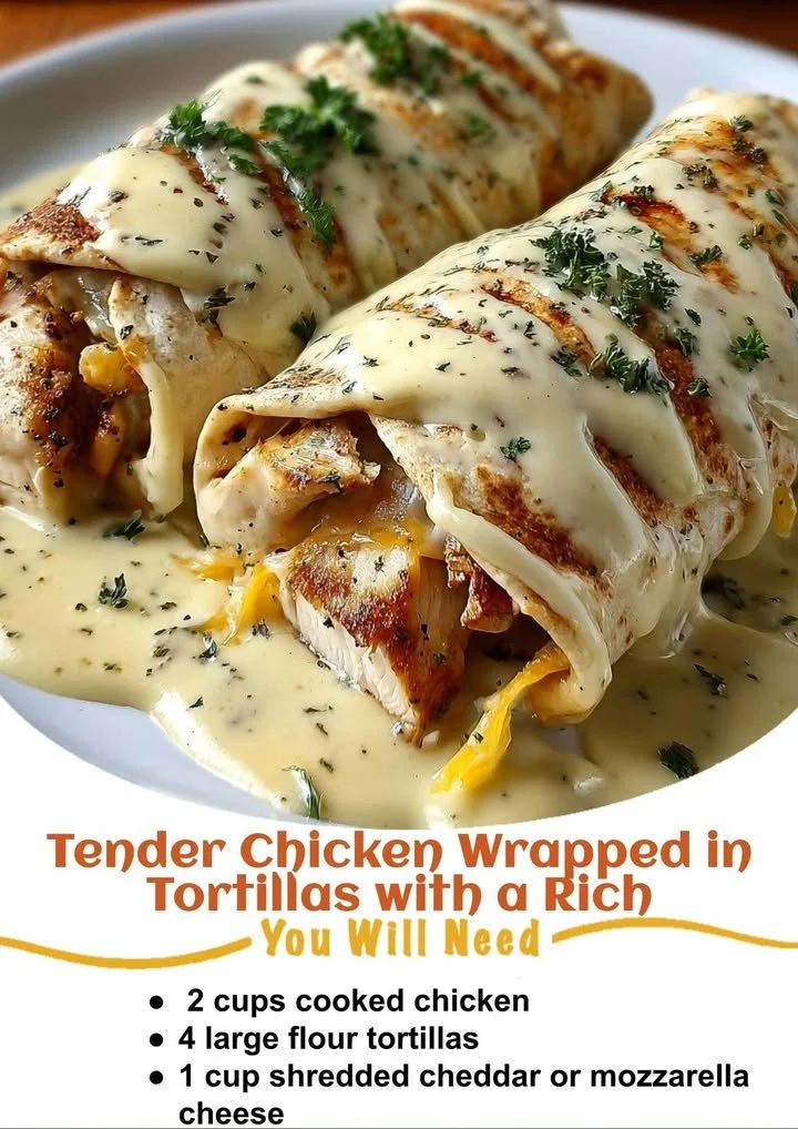 Tender chicken wrapped in tortillas and topped with creamy cheese sauce