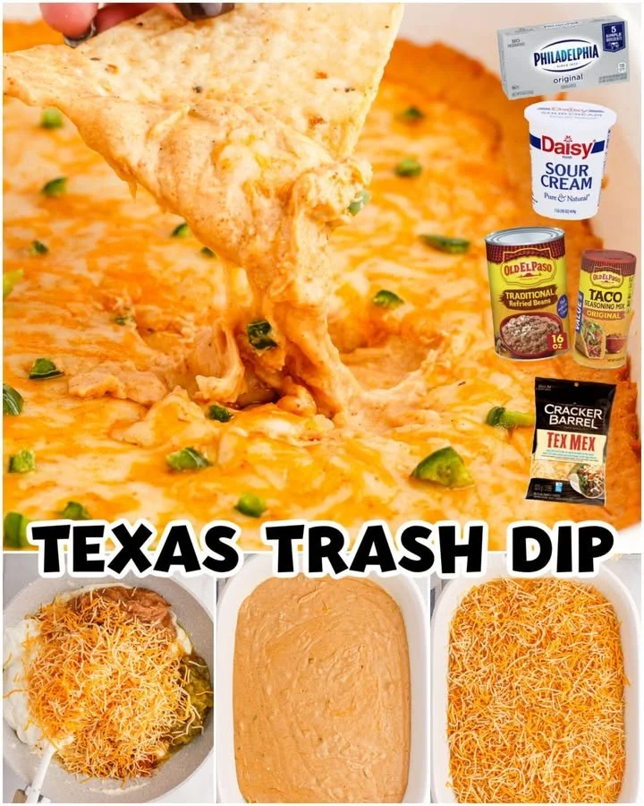 Delicious Texas Trash Dip served with tortilla chips on a platter