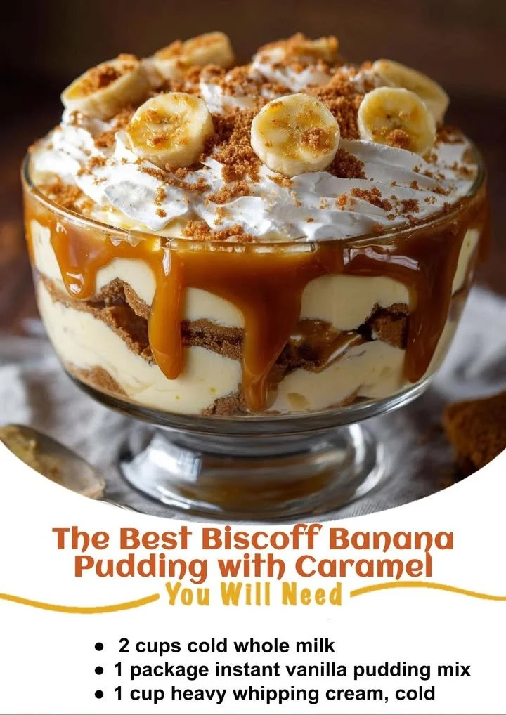 Delicious Biscoff banana pudding topped with caramel drizzles.