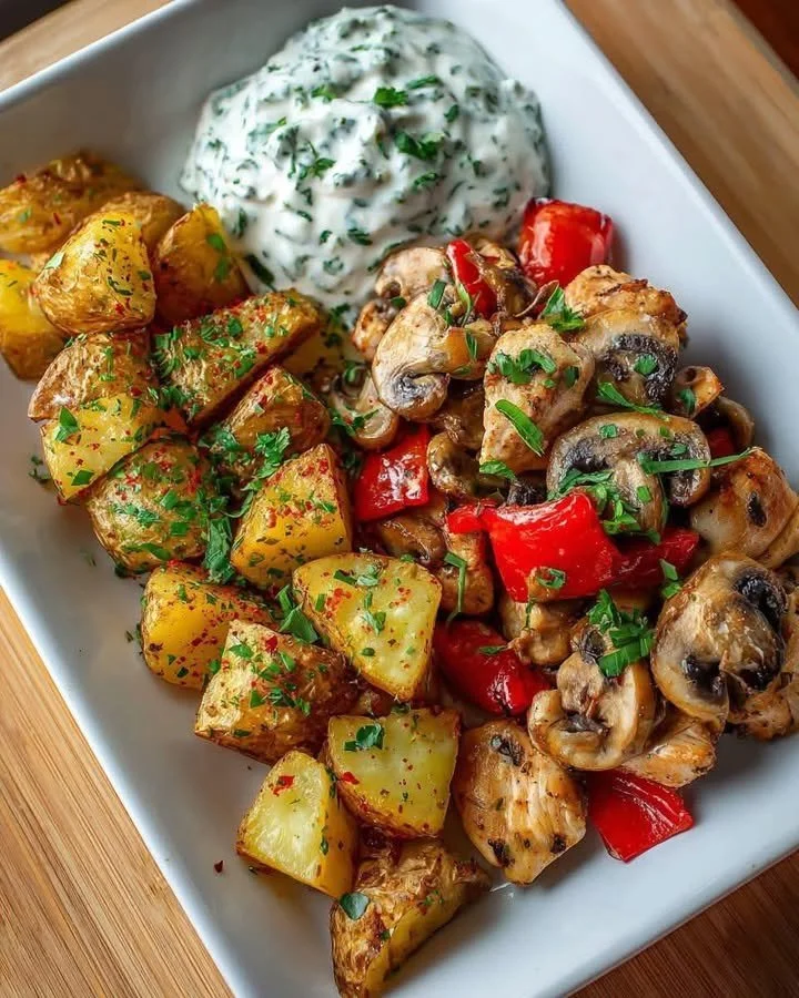 Herb-roasted potatoes served with garlic chicken and spinach yogurt dip