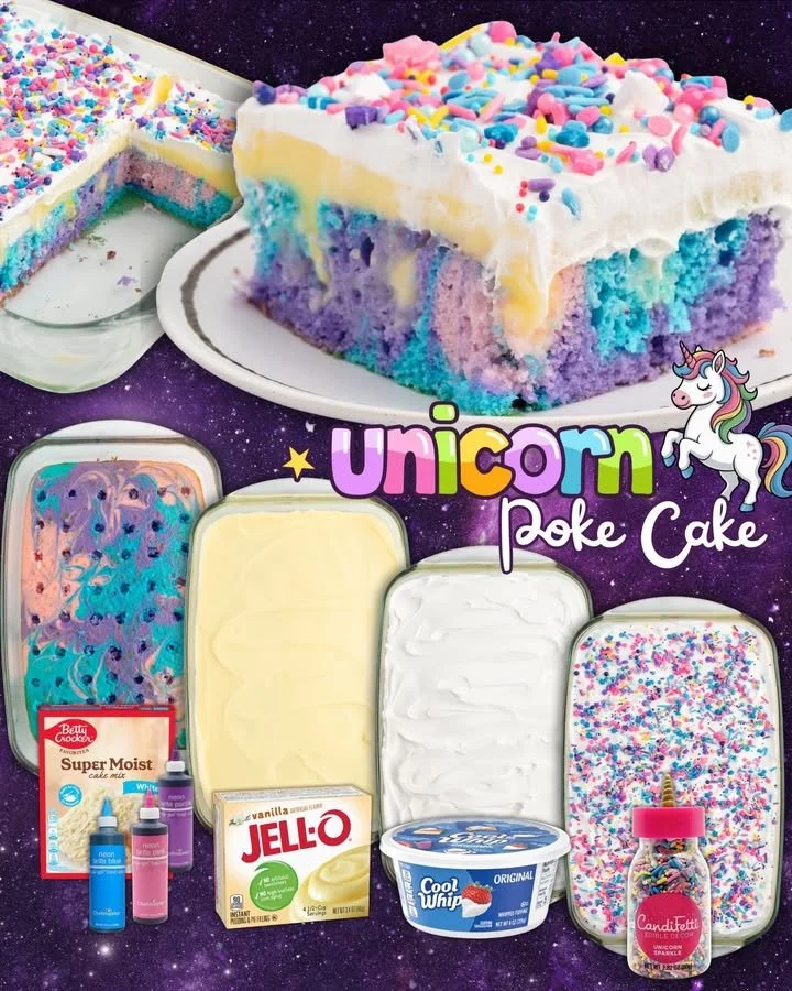 Delicious Unicorn Poke Cake with pastel colors and fun toppings