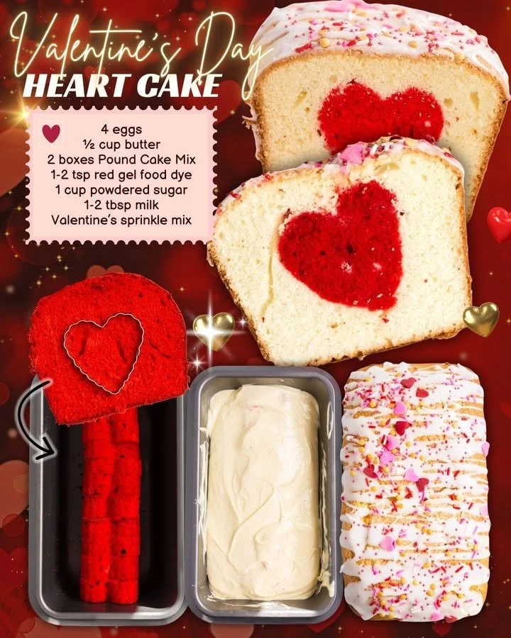 Valentine's heart cake with a surprise inside, decorated with red frosting and edible decorations.